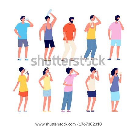 People cooling hot summer. Sweaty adult, woman man with cool beverages. Isolated person relaxation and drinking, outdoor activity vector set