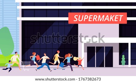 Crowd run to supermarket. Sale discount time, big store building. Cartoon man woman kids shopping. Excitement or hype, race for food or goods vector illustration