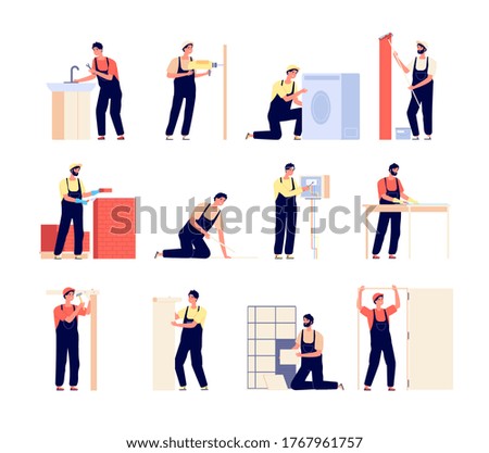 Repairman. Home workers, electrician carpenter and painter. Flat men with repair tools, people renovation working. Handyman vector set