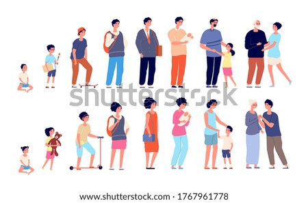 Woman man different ages. Old teenager child, generation evolution of people. Life stages character, lifecycle of human vector illustration