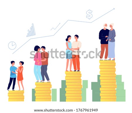 Retirement savings plan. Smart retired, pension management. Family money fund, aging man successful invests finance vector illustration