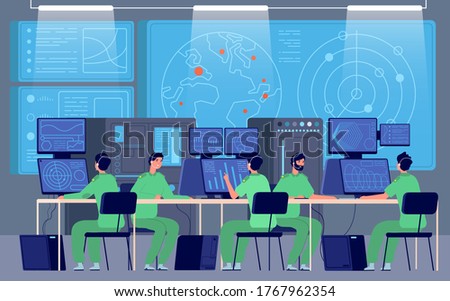 Government control center. Command room, engineers controlling military mission. Security station, cybersecurity department vector concept