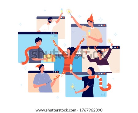 Christmas online party. People celebrating new year, happy friends on video chat. Man woman with champagne confetti gift vector illustration