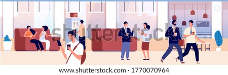 Common area. Waiting room, hall of office or shopping center. People drink coffee tea and talk. Place for communication, hostel hotel lounge vector illustration