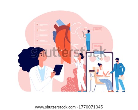 Cardiology. Health heart check up, cardiologists and cardiovascular pressure. Transplantation research, hypertensive disease vector concept Stock fotó © 