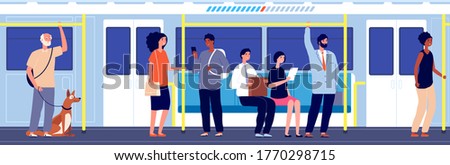 People in public transport. Subway train travel, crowd in urban metro. Overcrowded carriage, modern city transportation vector illustration