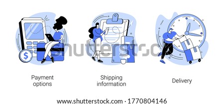 E-commerce website order processing abstract concept vector illustration set. Payment options, shipping information, delivery, shopping cart, online banking, international delivery abstract metaphor.