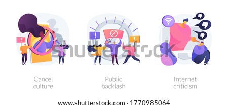 Social media behavior abstract concept vector illustration set. Cancel culture, public backlash, Internet criticism, group shaming, boycott, hate speech, bias and discrimination abstract metaphor.