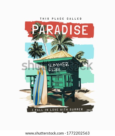 paradise slogan with beach hut and surfboards on colorful stripe background