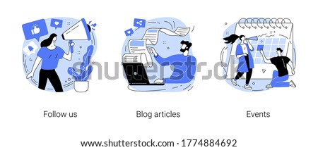 Corporate website links abstract concept vector illustration set. Follow us, blog articles, events, social media, subscribe for newsletter, publications, company page, notification abstract metaphor.