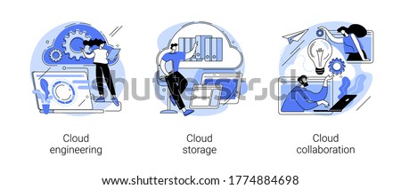 Cloud-based computing abstract concept vector illustration set. Cloud engineering, storage and collaboration, hosted data storage, database security, remote business solutions abstract metaphor.