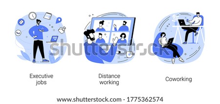 Job opportunity abstract concept vector illustration set. Executive jobs, distance working, coworking, professional growth, online team meeting, shared office space, collaboration abstract metaphor.