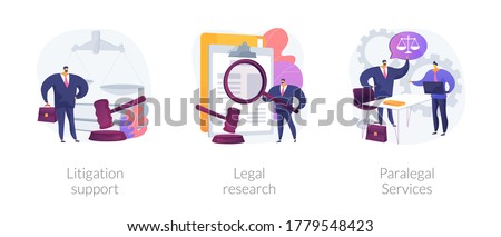 Legal outsourcing abstract concept vector illustration set. Litigation support, legal research, paralegal services, attorney assistant, forensic accounting, law firm, affidavit abstract metaphor.