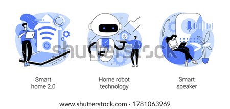 Smart living environment abstract concept vector illustration set. Smart home 2.0, home robot technology, voice-activated speaker, vacuum cleaner, interactive IoT infrastructure abstract metaphor.