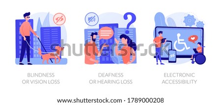 Communication technology for disabled people abstract concept vector illustration set. Blindness and vision loss, deafness, electronic device accessibility, hearing problem abstract metaphor. Foto d'archivio © 