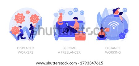 Unemployment and remote job opportunities abstract concept vector illustration set. Displaced workers, become a freelancer, distance working, entrepreneurship online, digital nomad abstract metaphor.