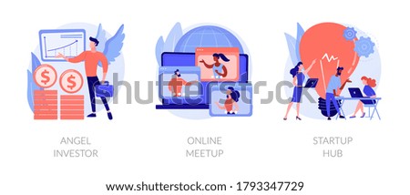 Business startup and communication abstract concept vector illustration set. Angel investor, online meetup, startup hub, financial support, online crowdfunding, entrepreneurship abstract metaphor.