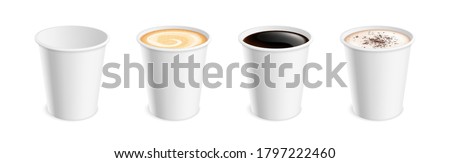 White realistic coffee mug. Hot cup latte mocha cocoa cappuccino, americano or espresso for breakfast. Isolated 3d takeaway drink vector set