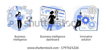 Performance tools and software solutions abstract concept vector illustration set. Business intelligence, intelligence dashboard, innovative solution, data analysis, KPI metrics abstract metaphor.