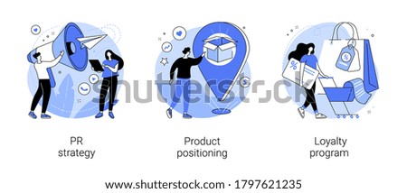 Brand communication abstract concept vector illustration set. PR strategy, product positioning, loyalty program, advertising campaign strategy, attract customer, online promotion abstract metaphor.