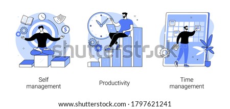 Employee performance and self-organization abstract concept vector illustration set. Self and time management, productivity, motivation software, effective job planning, control abstract metaphor.