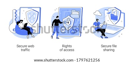Data transfer abstract concept vector illustration set. Secure web traffic, rights of access, secure file sharing, virtual private network, VPN, traffic analysis, document sharing abstract metaphor.
