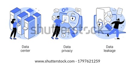 Internet privacy abstract concept vector illustration set. Data center, data privacy and leakage, computer system, remote storage, database networking, security software, hacker abstract metaphor.