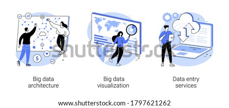 Information storage infrastructure abstract concept vector illustration set. Big data architecture, big data visualization, data entry services, business intelligence, outsource abstract metaphor.