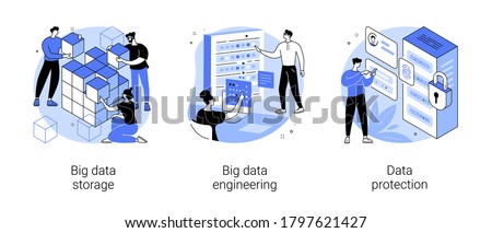 Database security abstract concept vector illustration set. Big data storage, big data engineering, data protection, disk infrastructure, business information safety, access policy abstract metaphor.