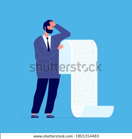 Man holding long list. Businessman debt scroll, manager reading reporting bank or lawyer. Male with bankruptcy paper letter vector concept