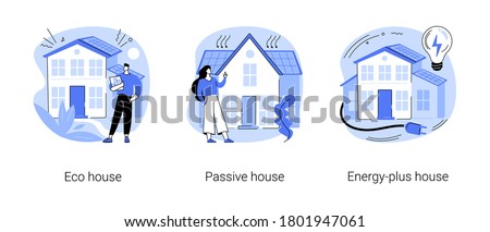 Environmentally friendly construction abstract concept vector illustration set. Eco house, passive and energy-plus building, waste recycling, heating efficiency, sustainable home abstract metaphor.