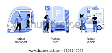 Car traffic abstract concept vector illustration set. Urban transport, parking area, rental vehicle, road sign, public transport, passenger, underground garage, carsharing abstract metaphor.