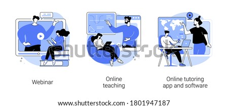 E-learning abstract concept vector illustration set. Webinar, online teaching, online tutoring app and software, video call and chat, video course, schedule software, learning plan abstract metaphor.