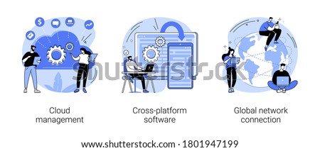 Global communication abstract concept vector illustration set. Cloud management, cross-platform software, global network connection, data storage, application development, computing abstract metaphor.