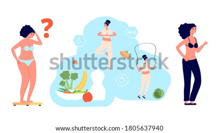 Weight loss process. Diet, plump girl weighed on scales. Fat vs slim, woman choose slimness and health. Healthy eating and sports for new look vector illustration