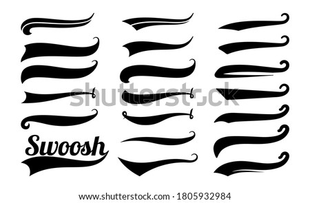 Swoosh tails. Swirl sport typography element, isolated curly text pennants. Black retro calligraphy strokes or ornament designs vector set