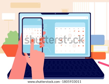 Data synchronization. Planner, calendar and to-do list. Schedule, time management business application. Digital organizer, information transferred from phone to laptop vector illustration