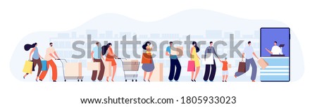 Customers people queue. Client characters, online shop seller or cashier. Waiting line in grocery store, supermarket vector illustration