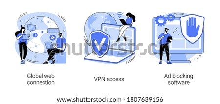 Network access abstract concept vector illustration set. Global web connection, VPN access, Ad blocking software, remote proxy server, web browser, IT technology, plug-in extension abstract metaphor.