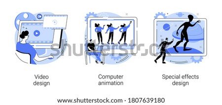 Video post production abstract concept vector illustration set. Video design, computer animation, special effects design, editing software, cartoon character, computer game art abstract metaphor.