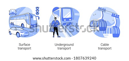 Public transport abstract concept vector illustration set. Surface, underground and cable transport, road and highway, trolleybus, bus stop, subway train station, passenger traffic abstract metaphor.