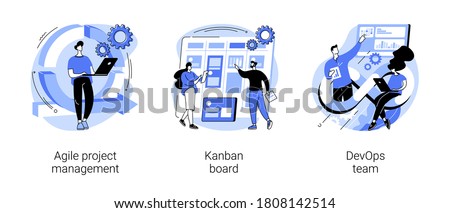 Software development company abstract concept vector illustration set. Agile project management, kanban board, devOps team, scrum meeting, project life cycle, stakeholder, testing abstract metaphor.