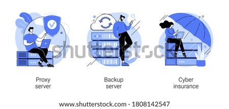 Online data access and security abstract concept vector illustration set. Proxy server, backup server, cyber insurance, computer networking, IP address, IT security, data hacking abstract metaphor.