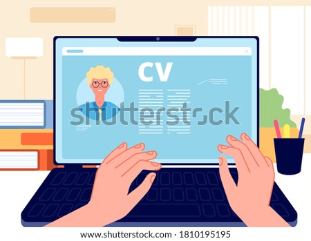 Online CV. Young man writing job application on laptop. HR concept, searching job in internet. Career start, hands working on computer vector illustration