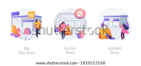 Retail shop abstract concept vector illustration set. Big box, anchor and isolated store, superstore, shopping center, department store, big retailer, fashion outlet, customer abstract metaphor.
