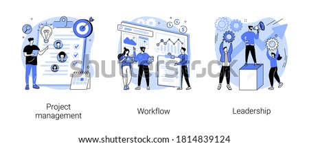 Business management abstract concept vector illustration set. Project management, workflow and leadership, waterfall and agile, development team, productivity software, coaching abstract metaphor.