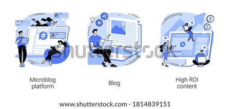 Social media marketing abstract concept vector illustration set. Microblog platform, blog and high ROI content, influencer, brand promotion, followers and subscriptions, viral content abstract