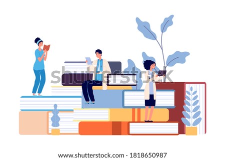 Medical school students. Doctors studying, hospital staff reading books. Refresher courses for nurse, healthcare professor college vector illustration
