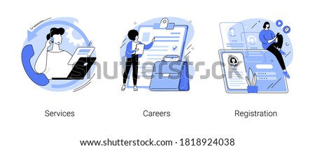 Corporate website abstract concept vector illustration set. Service and careers, registration page, menu bar design, corporate website, create account, user experience and interface abstract metaphor.