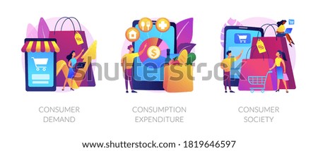 Consumer society abstract concept vector illustration set. Consumer demand, consumption expenditure, customer decision, retail marketing, household budget, shopaholic, spending abstract metaphor.